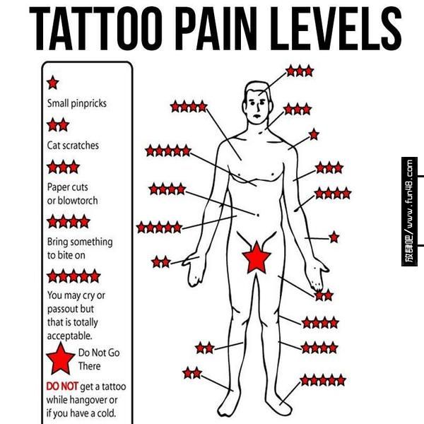 不同部位纹身疼痛程度示意图